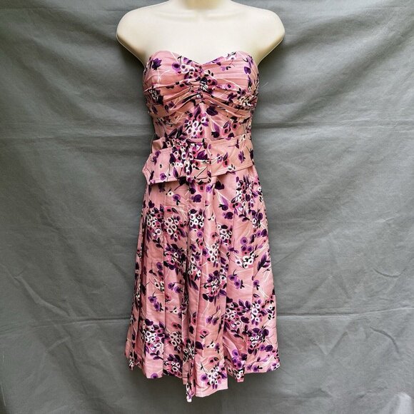 EXPRESS Size 4 Pink Purple 100% Silk Strapless Fit Flare Mini Dress Y2k 2000s - Picture 1 of 11